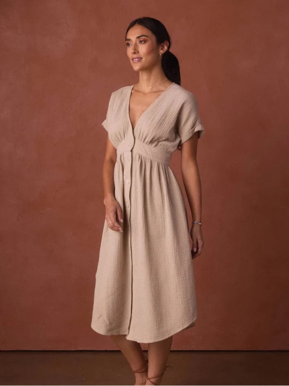 The Normal Brand Button-Front V-Neck Midi Dress in Beige